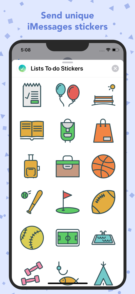 Lists To-do - A display of colorful category icons and iMessage stickers including sports, travel, and shopping themes.