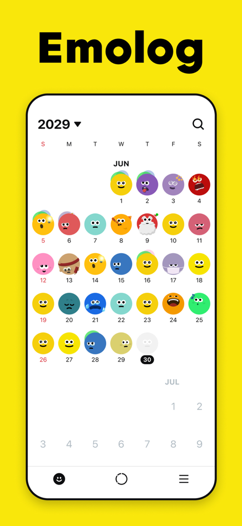 A monthly calendar view in the Emolog app showing daily moods tracked with colorful expressive emojis