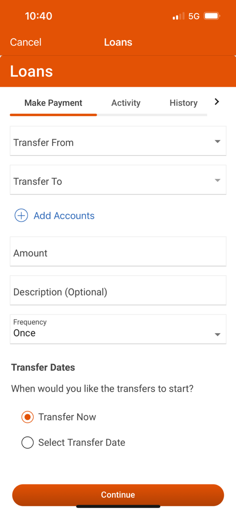 Loan payment interface in the Amerant Mobile Banking app showing account transfer and payment scheduling options.