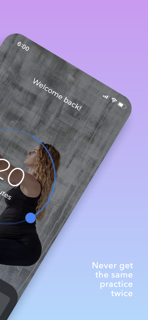 Schermata di benvenuto dell'app Yoga Prenatale con una donna in una posa yoga e lo slogan Non ottenere mai la stessa pratica due volte