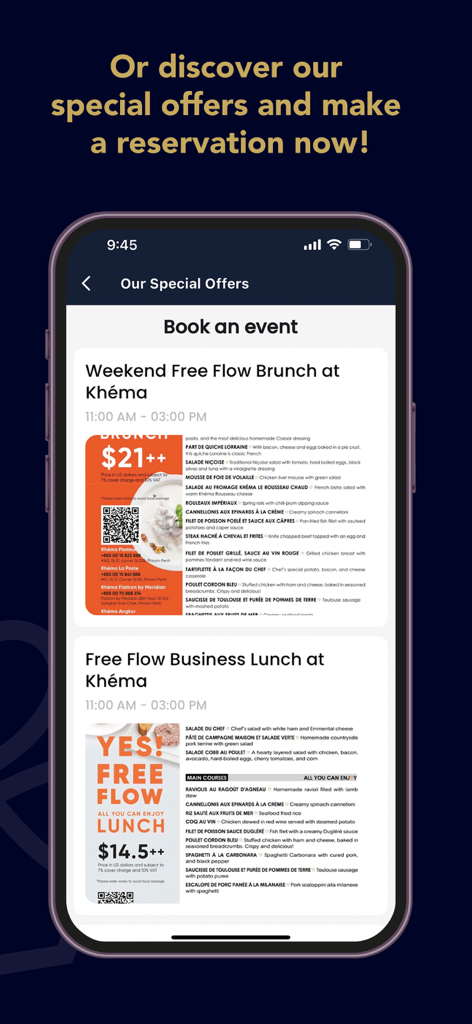 Thalias - Thalias app interface showing special restaurant offers and brunch event booking options
