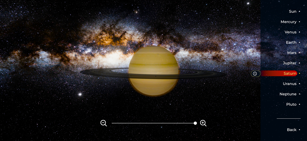 Solar System Planets: 3D Space - Interactive 3D representation of the planet Saturn with its rings in a starry space environment