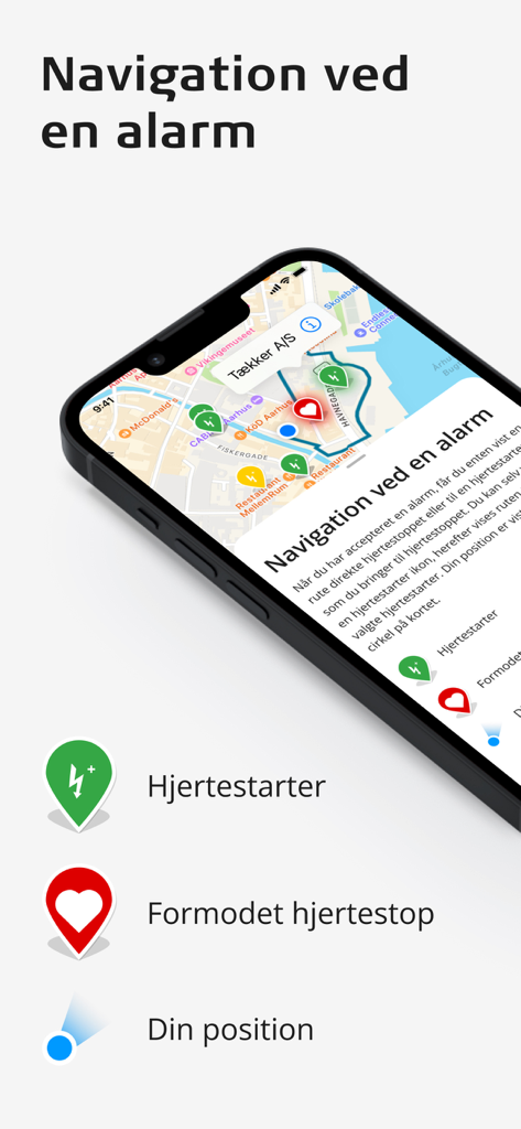 Navigation screen of the heartrunner app showing map markers for defibrillators and suspected cardiac arrest locations