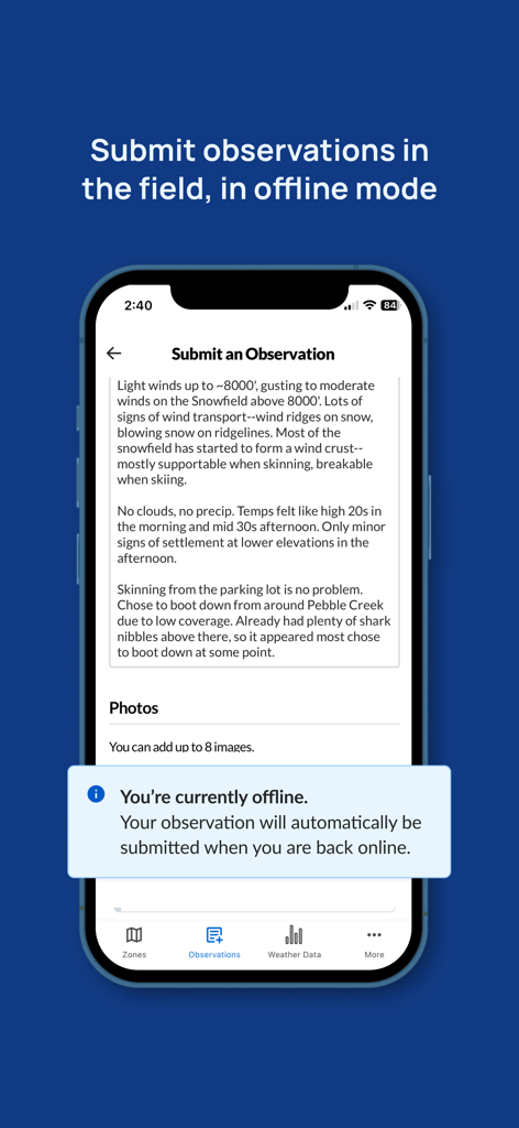 Ein Bildschirm eines Mobiltelefons, der die Funktion zur Übermittlung von Offline-Beobachtungen der Avy-App anzeigt
