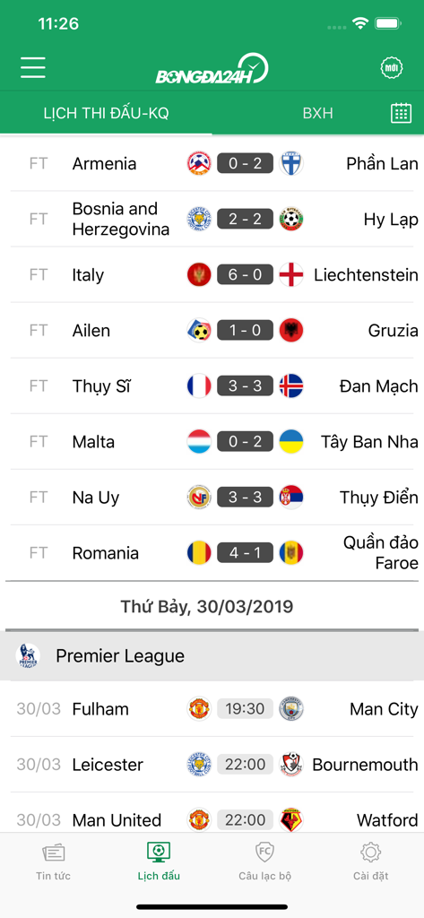 Bong da 24h - Bong da 24h App-Oberfläche mit internationalen Fußballergebnissen und Spielplänen auf Vietnamesisch