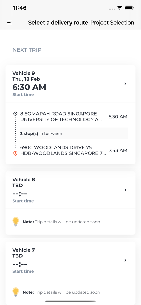 SWAT Driver 2 - SWAT Driver 2 app interface showing the next trip schedule and delivery route selection for commercial fleet drivers.