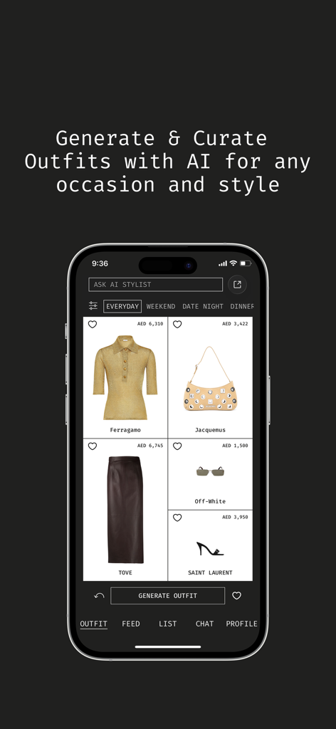 A smartphone showing the Get Outfit app interface with an AI-curated luxury fashion outfit including Ferragamo and Jacquemus items.