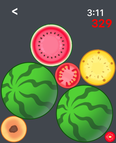 Merge Watermelon 4 Watch - Gameplay screen of Merge Watermelon 4 Watch showing merged fruits and current score