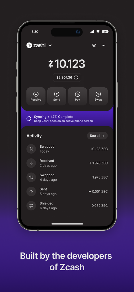 Benutzeroberfläche der Zashi Zcash Wallet App mit Kontostand und Transaktionsverlauf.