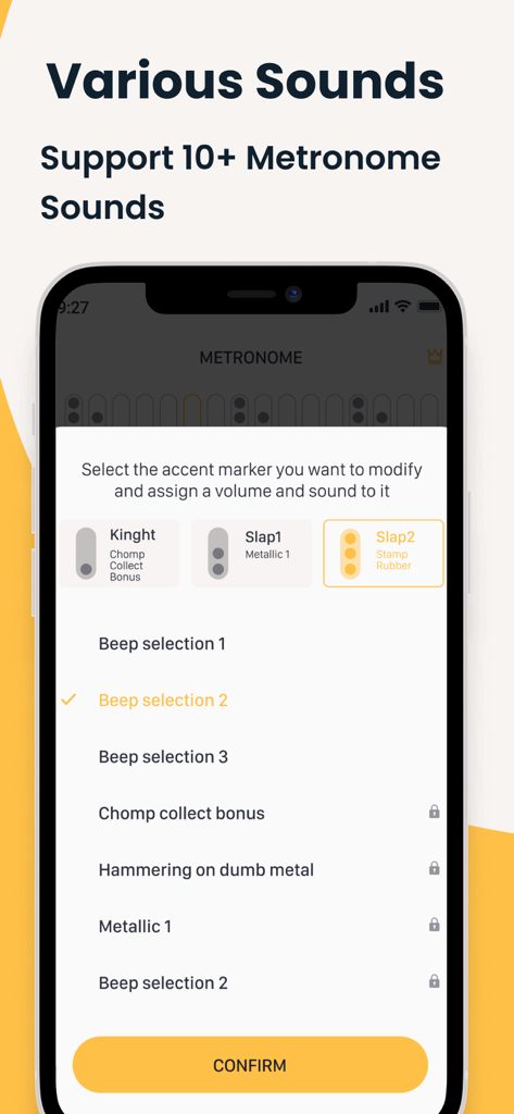 Metronome: tempo, tap, beat - Oberfläche, die verschiedene Metronom-Soundauswahlmöglichkeiten und Akzentmarkierungen anzeigt