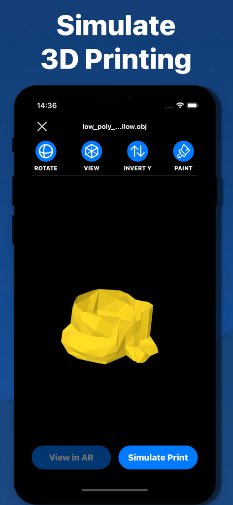 3D Model Viewer - AR & Print - A 3D model viewer app interface displaying a yellow low-poly object with options to simulate 3D printing and view in AR.