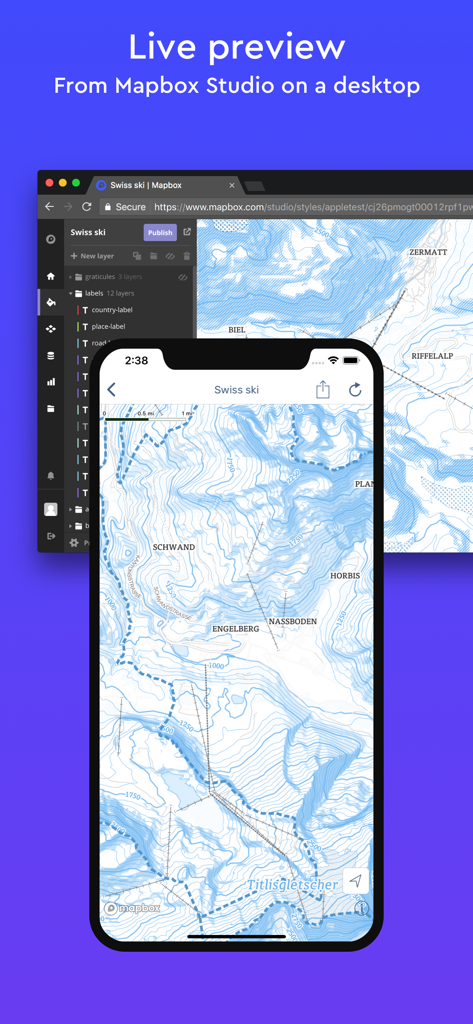 Mapbox Studio Preview - Live map design preview on a mobile phone synced with Mapbox Studio on desktop