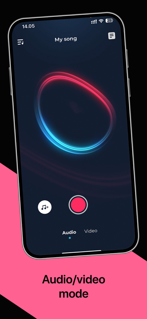 Volmix | Music Maker & Beats - Pantalla de grabación de la app de música Volmix mostrando el cambio de modo de audio y video con un visualizador circular de neón