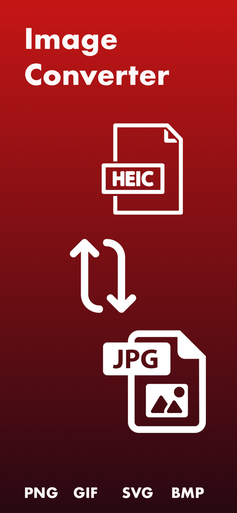 HEIC to JPEG : image converter - Grafica che mostra la conversione di file HEIC in JPG con supporto per i formati PNG GIF SVG e BMP.