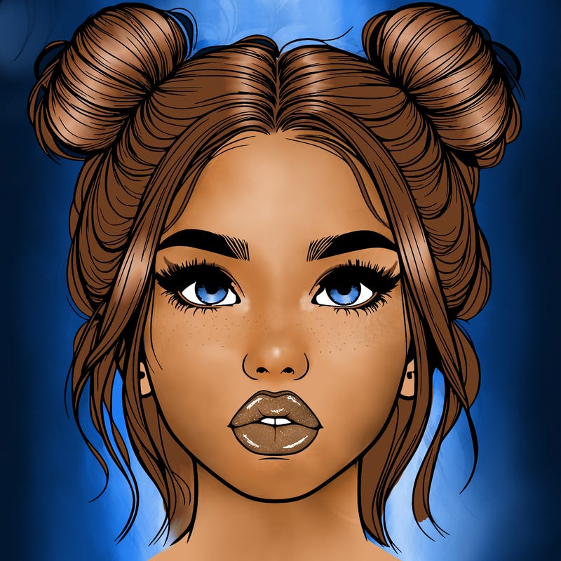 realistic girl with two buns on her hair and lips