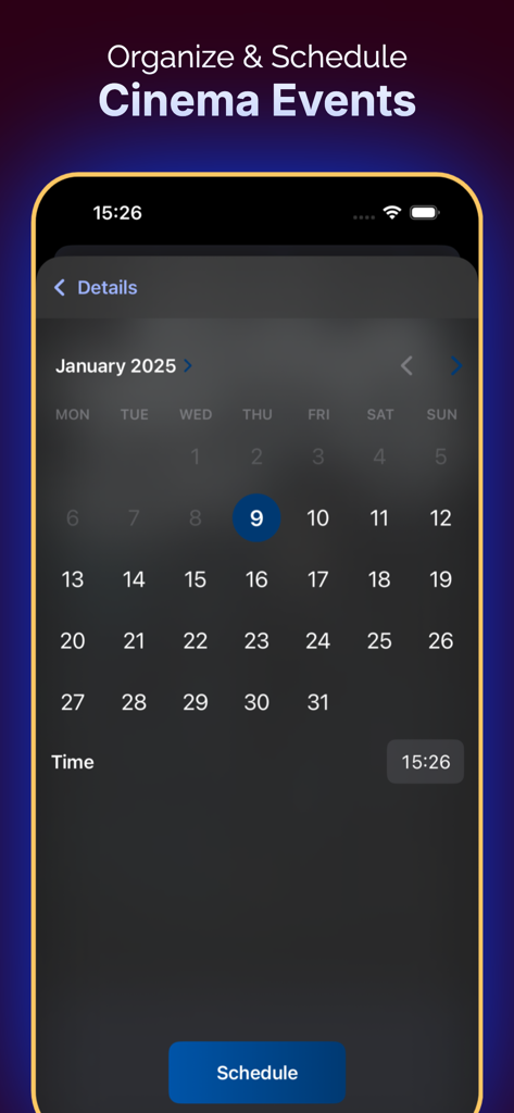 Inat TV: Movies Spinner Box - Inat TV app interface showing a calendar and time picker for scheduling cinema events