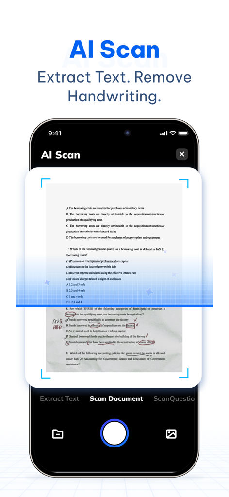 Seekee - Ai Search & Assistant - Interfaz de Escaneo IA de la aplicación Seekee que muestra la extracción de texto de documentos y la función de eliminación de escritura a mano.