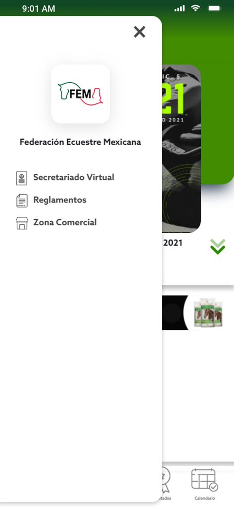 FEM - Side menu of the Federación Ecuestre Mexicana app showing options for Virtual Secretariat and Regulations