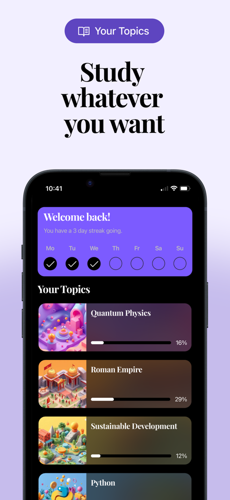 Hivemind: Study by Scrolling - Hivemind app dashboard showing study topics like Quantum Physics and Python with progress bars and a daily streak tracker