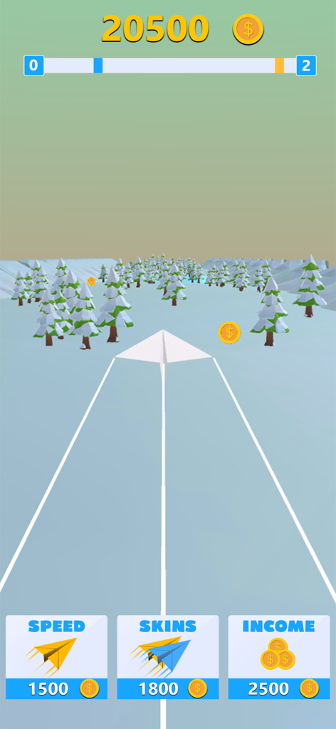 Fly Paper Plane Game - Jugabilidad de un avión de papel blanco volando a través de un bosque nevado con botones de mejora en la parte inferior