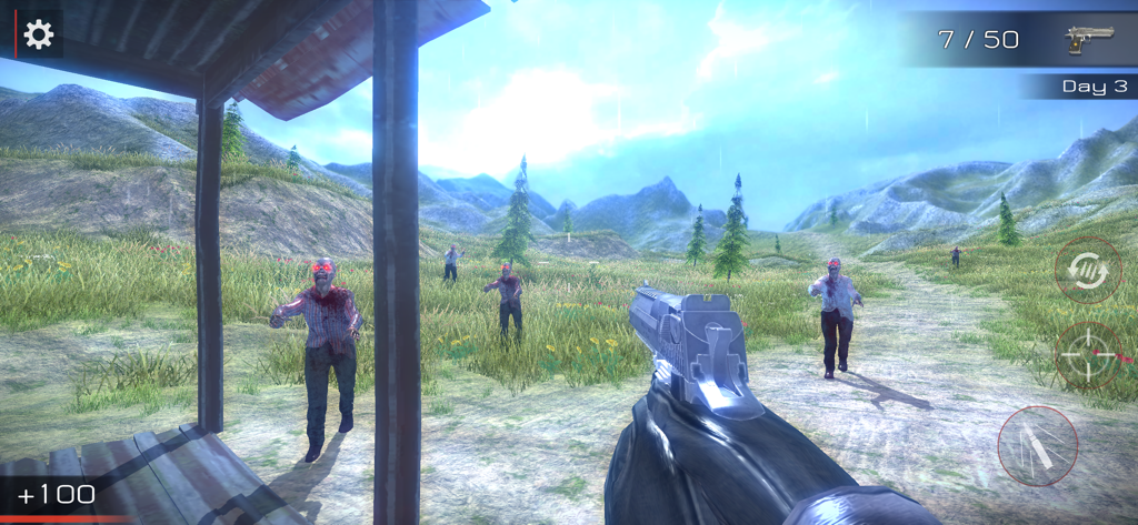 First person shooter gameplay in Zombie Invasion Survival showing zombies approaching a house