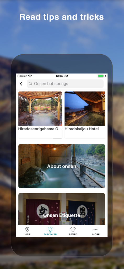 Michi Japan Road Guide Offline - Michi Japan app discover screen showing onsen hot spring recommendations and etiquette guides.