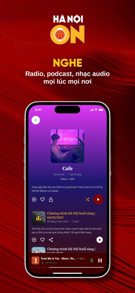 HANOI ON - HANOI ON app interface showing the radio podcast and audio music player
