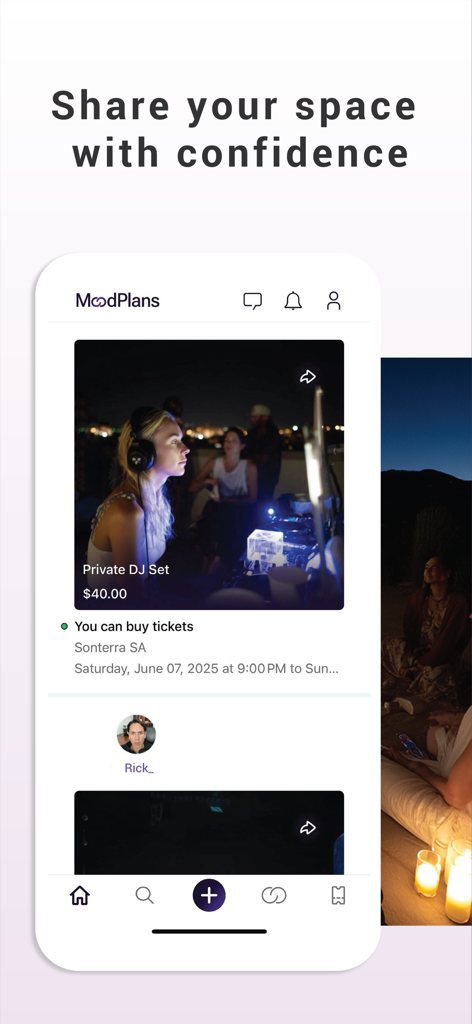MoodPlans - Interface do aplicativo MoodPlans mostrando a listagem de um evento privado de DJ com o anfitrião Rick e informações de ingressos.