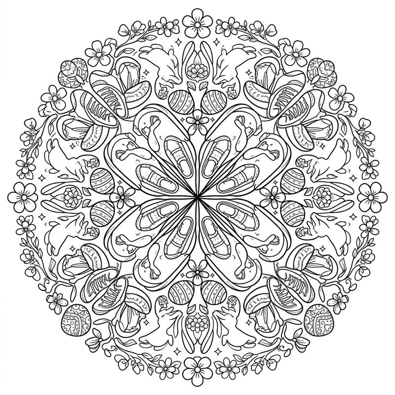 Step into a unique blend of urban cool and festive cheer with this Sneakers Easter Mandala coloring page. This intricate design offers a refreshing take on traditional Easter themes, perfect for a relaxing and creative activity.