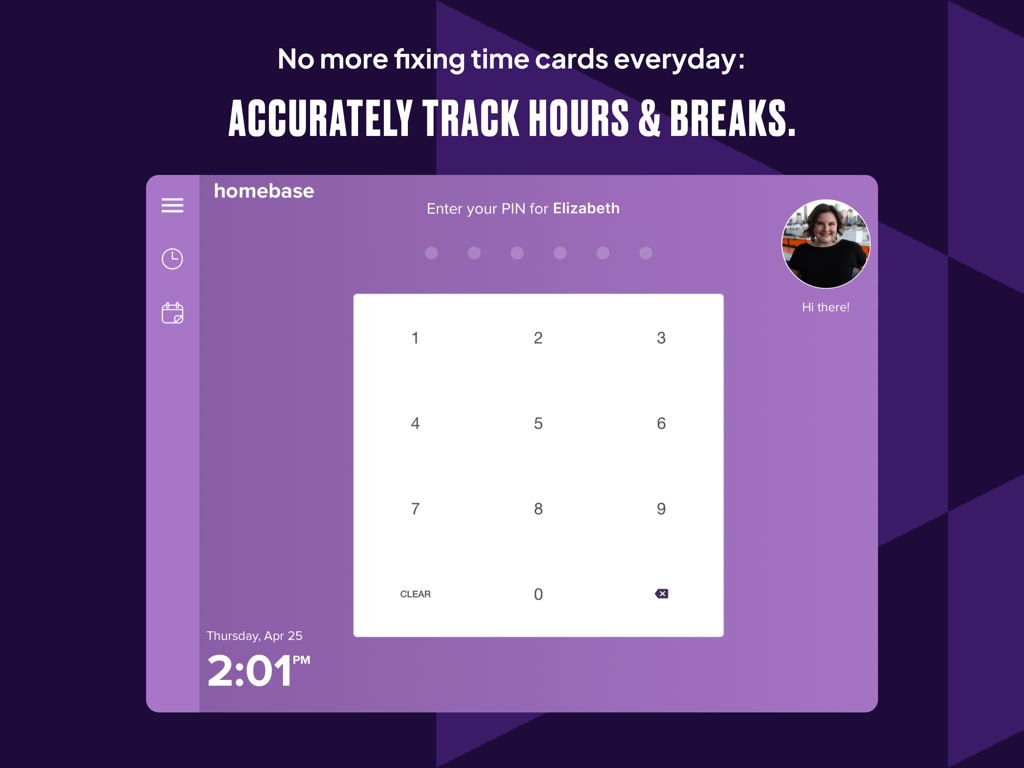 iPad interface showing the Homebase time clock app with a numeric keypad for employee PIN entry and clock in