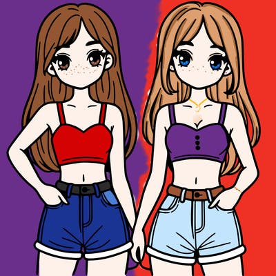 two sisters with crop tops and jean shorts and straight hair