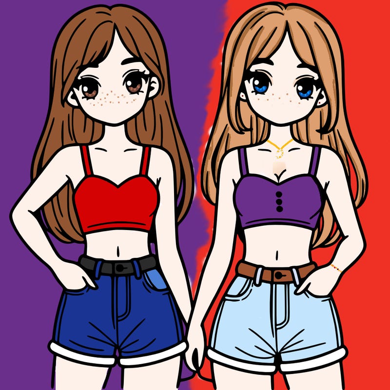 two sisters with crop tops and jean shorts and straight hair