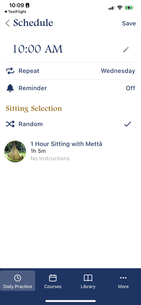Dhamma.org - The schedule screen of the Dhamma.org app showing a planned meditation session