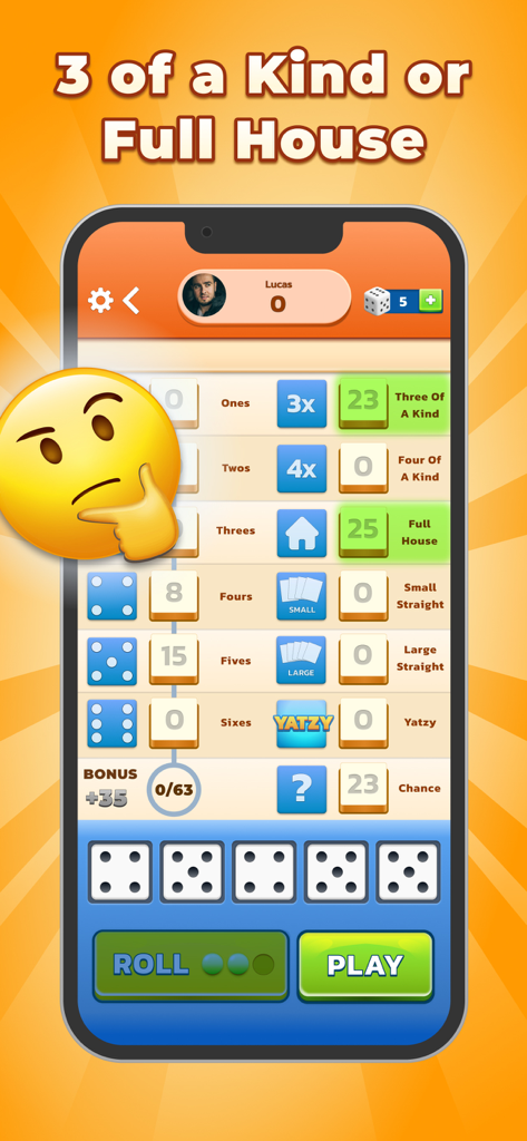 Yatzy - The Classic Dice Game - Capture d'écran du jeu mobile Yatzy montrant un tableau de scores numérique et des combinaisons de dés pour Brelan ou Full.