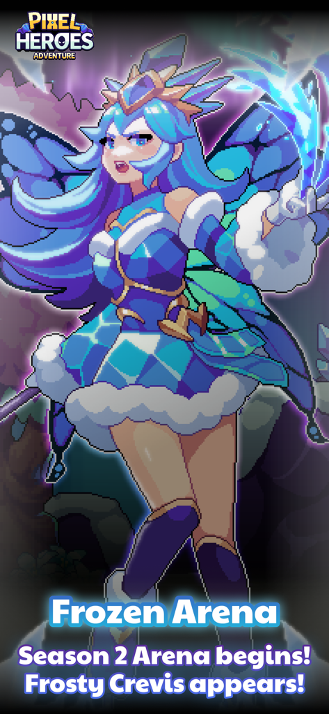 Pixel Heroes Adventure : MMO - Pixel art of Frosty Crevis character announcing Season 2 of the Frozen Arena in Pixel Heroes Adventure MMO
