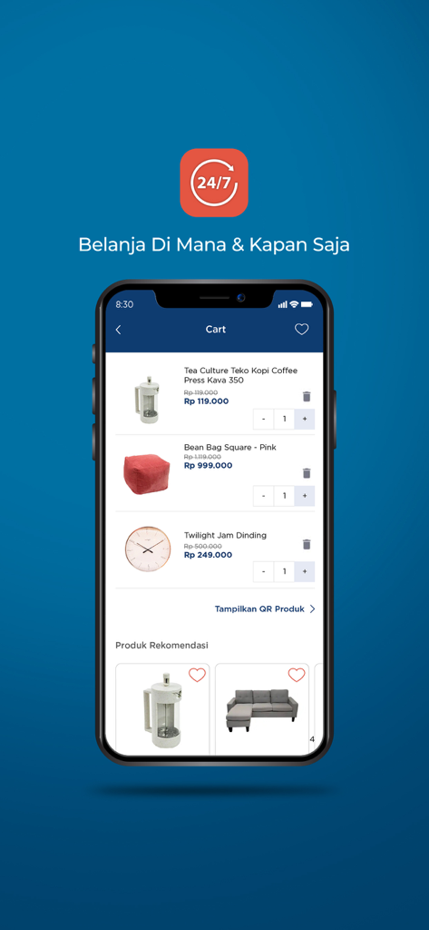 INFORMA - Écran du panier de l'application de meubles INFORMA montrant divers articles de décoration intérieure