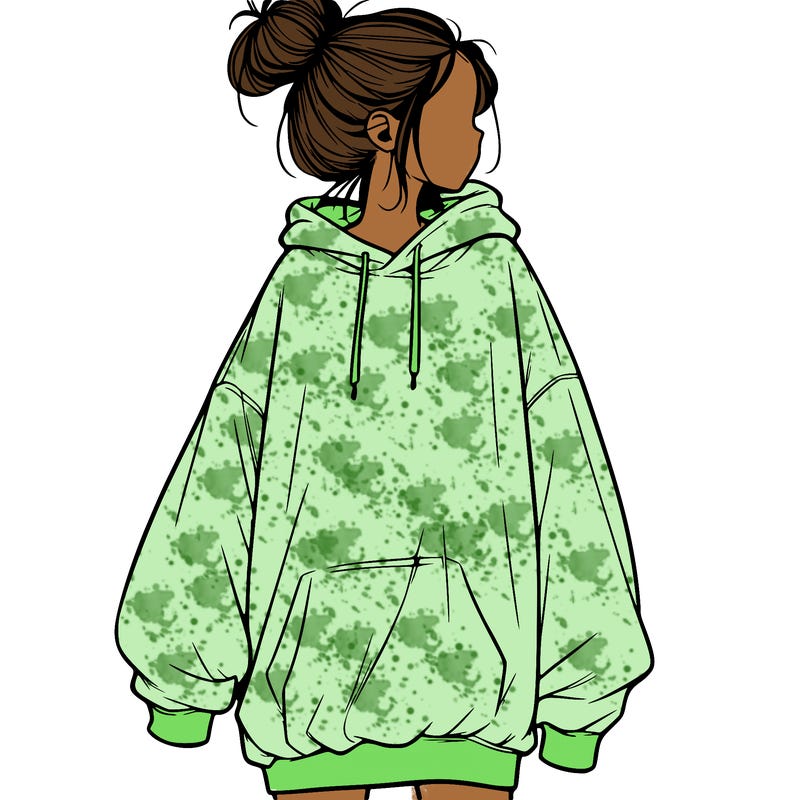 realistic girl with a oversized sweatshirt on and a bun