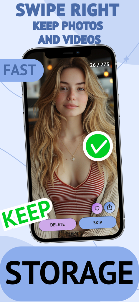 Photo Cleaner App-Oberfläche, die die Wisch-nach-rechts-Geste zum Beibehalten von Fotos und Videos zur Speicherverwaltung zeigt