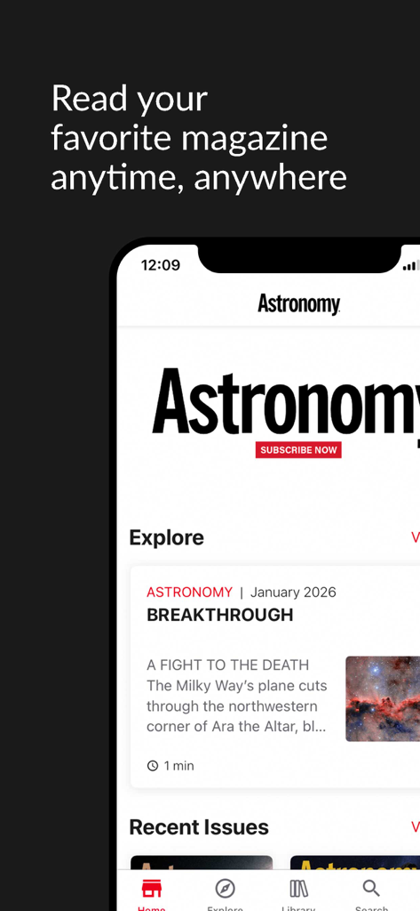 Astronomy Magazine - Astronomy Magazine app interface on a smartphone displaying scientific articles and celestial photography