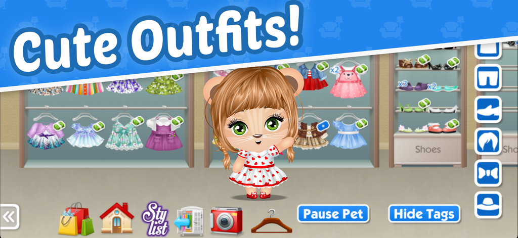 Pet Buddies - Cellphone - A cute virtual pet character with pigtails wearing a heart patterned dress in a clothing boutique with various outfits on display.