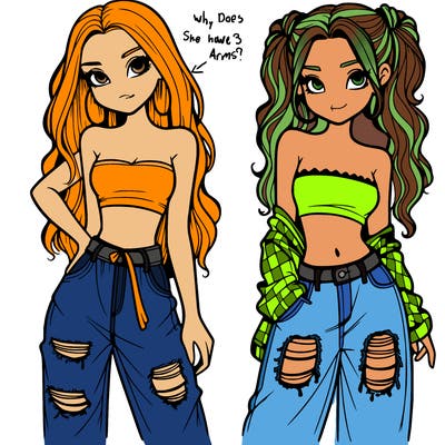 2 girls in crop tops and baggy jeans ripped