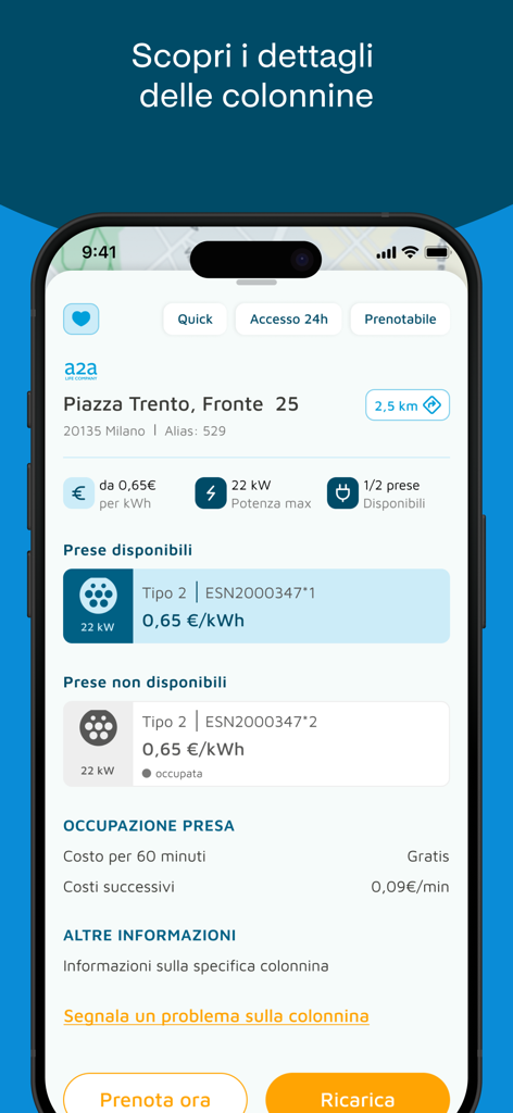 A2A Emoving - Schermata dell'app A2A Emoving che mostra la disponibilità e i prezzi delle stazioni di ricarica per veicoli elettrici