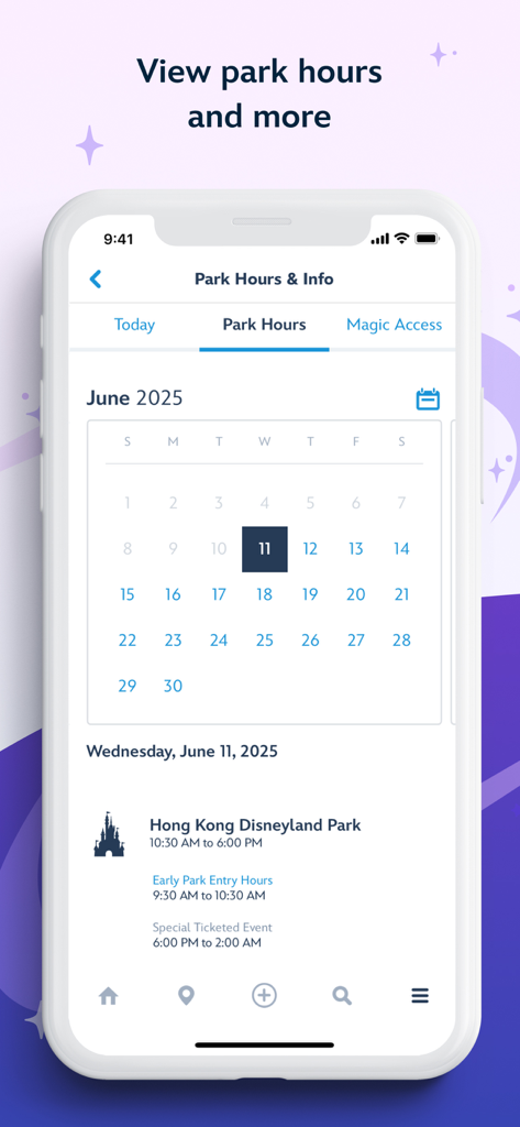 Hong Kong Disneyland - 일일 파크 운영 시간 및 특별 입장 시간을 표시하는 홍콩 디즈니랜드 앱의 캘린더 보기
