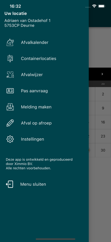 Side menu of the Blink Afval mobile app showing options like waste calendar and container locations