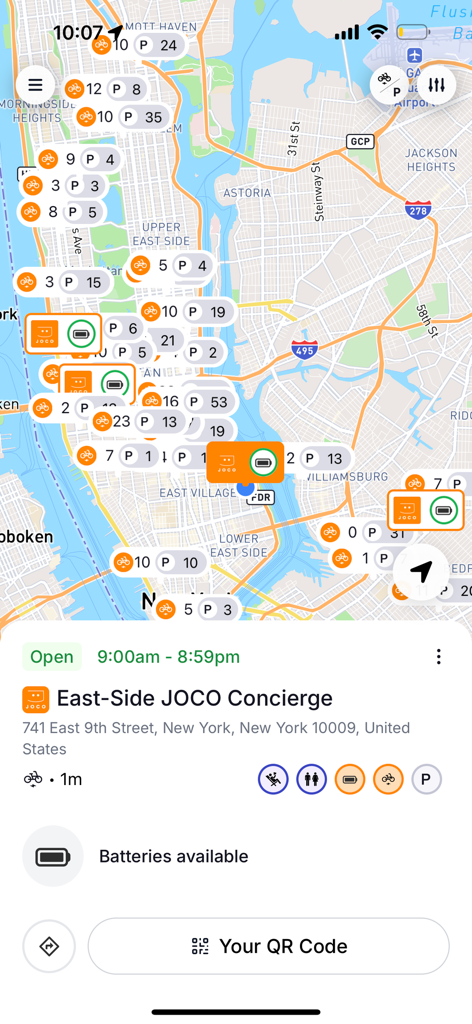 Map of JOCO e-bike delivery hub locations in NYC with bike and battery availability details