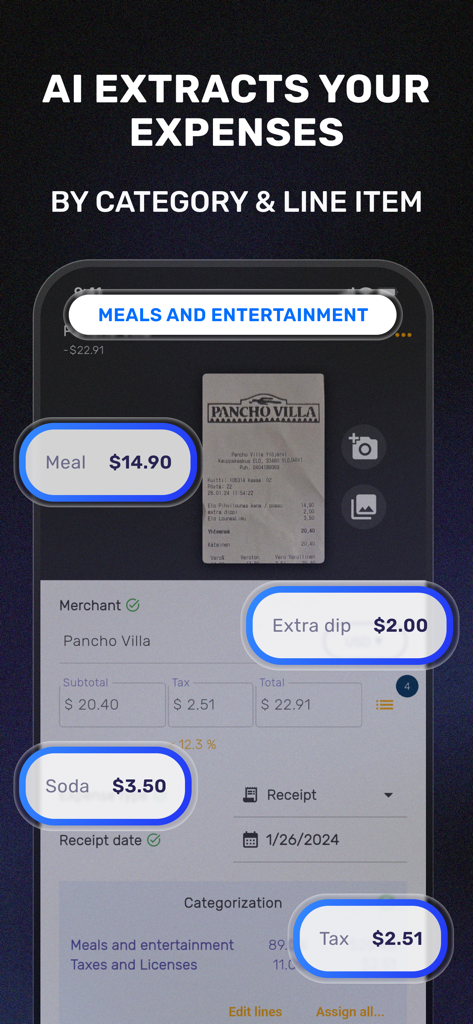 SparkReceipt: Expense Scanner - Interface do aplicativo SparkReceipt mostrando a extração com IA de itens de linha de despesas e categorias de um recibo de restaurante
