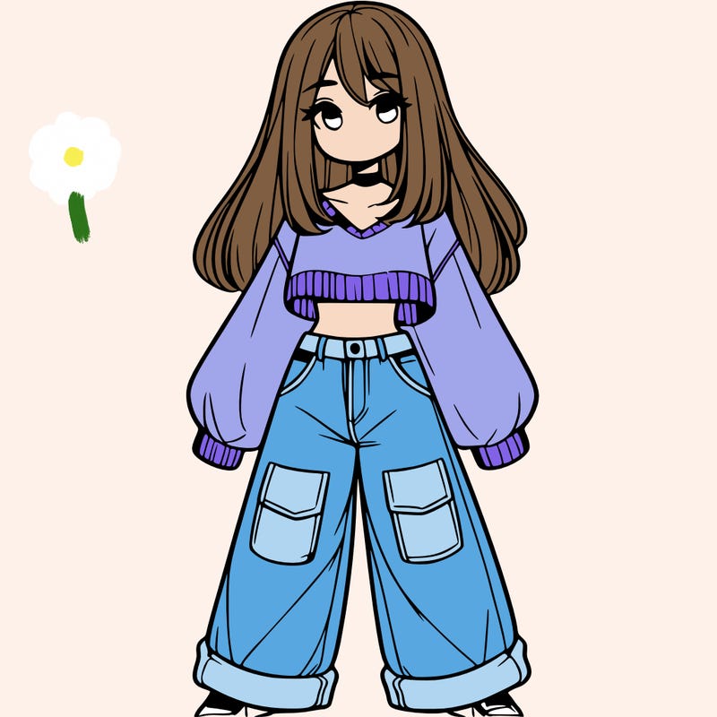 cute girl with straight hair in baggy jeans and a crop top and a sweater