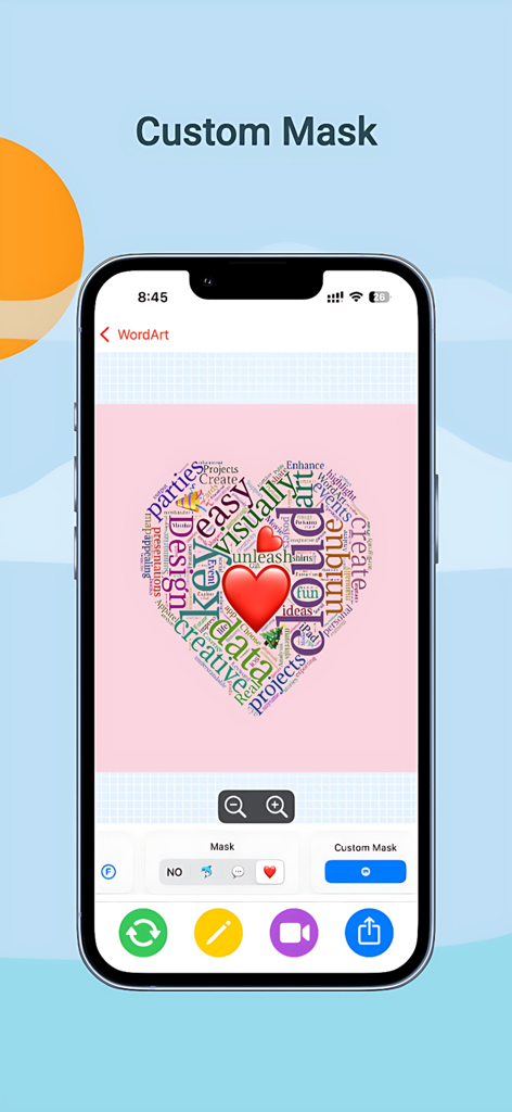 하트 모양의 단어 구름과 사용자 정의 마스크 설정이 있는 WordArt 앱 인터페이스를 보여주는 iPhone 화면