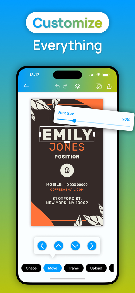 Business Card Maker : Editor - Interfaz de la aplicación creadora de tarjetas de presentación que muestra la personalización de texto y el ajuste del tamaño de fuente en una tarjeta moderna.
