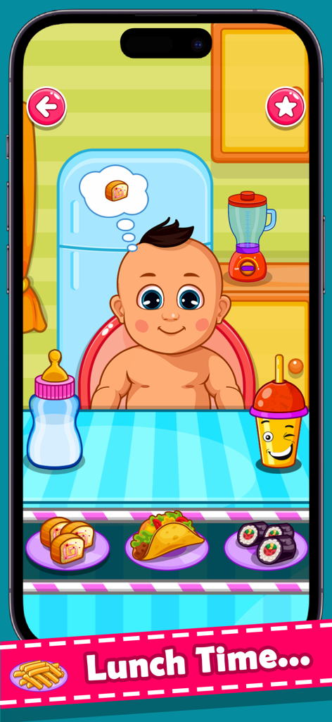 Baby Care Games. Kids Daycare - A cartoon baby sitting in a high chair in a kitchen waiting for food